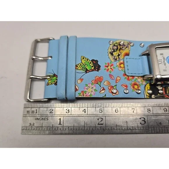 Womens Ed Hardy Swarovski Crystal Geisha Cuff Watch Blue Leather New Battery - Picture 9 of 11